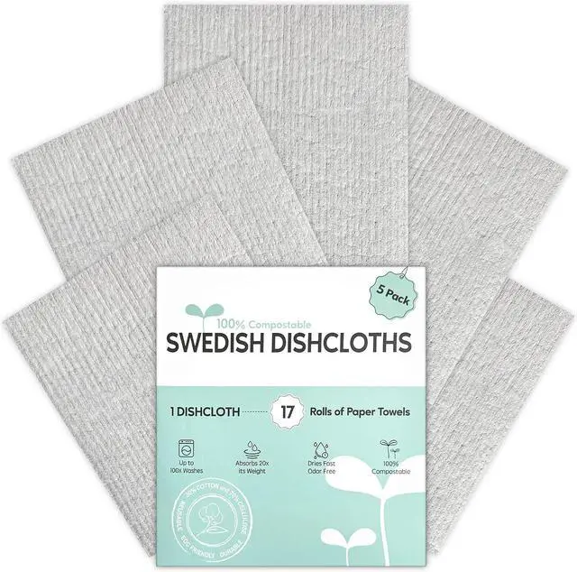 Main image of Swedish Dishcloths for Kitchen, 5 Pack Swedish Dish Cloths, Ultra Absorbent Reusable Paper Towels, Cellulose Sponge Cloths, Quick Drying, No Odor, Dishwasher Safe Grey