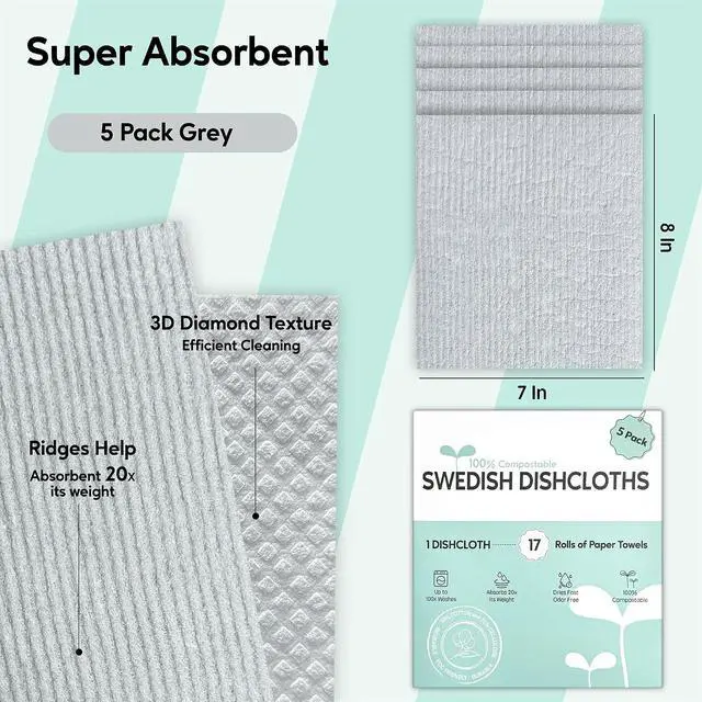 Alt view image 2 of 7 - Swedish Dishcloths for Kitchen, 5 Pack Swedish Dish Cloths, Ultra Absorbent Reusable Paper Towels, Cellulose Sponge Cloths, Quick Drying, No Odor, Dishwasher Safe Grey