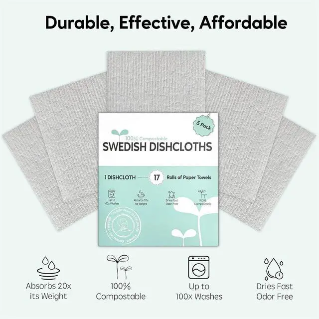 Alt view image 5 of 7 - Swedish Dishcloths for Kitchen, 5 Pack Swedish Dish Cloths, Ultra Absorbent Reusable Paper Towels, Cellulose Sponge Cloths, Quick Drying, No Odor, Dishwasher Safe Grey