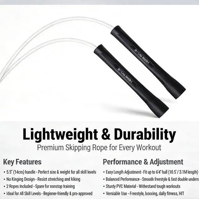 Alt view image 3 of 4 - HEREROPE Adjustable Jump Rope 5mm PVC Skipping Rope with Unbreakable Handles, Non-Kinking, Includes 1 Spare Rope for Indoor & Outdoor Fitness Training for Men, Women