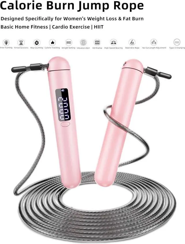 Alt view image 2 of 7 - ACHDOFITS Jump Rope with Smart Counter for Adults | Tangle-free Steel Core, 170g. Fits 5'-6'5". 4 Modes: Beginner-HIIT. Rechargeable. For Women & Men. Tracks Calories & Jumps.