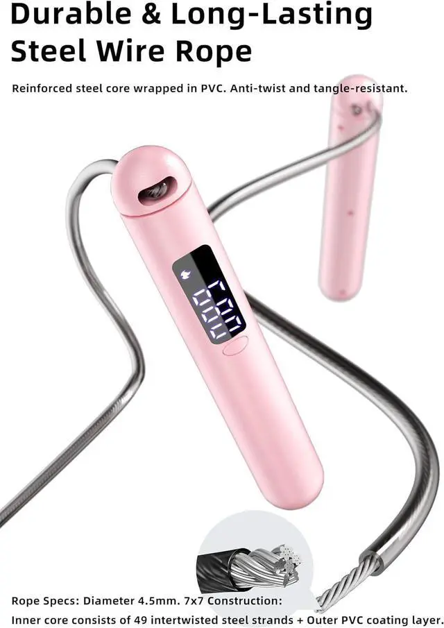 Alt view image 4 of 7 - ACHDOFITS Jump Rope with Smart Counter for Adults | Tangle-free Steel Core, 170g. Fits 5'-6'5". 4 Modes: Beginner-HIIT. Rechargeable. For Women & Men. Tracks Calories & Jumps.