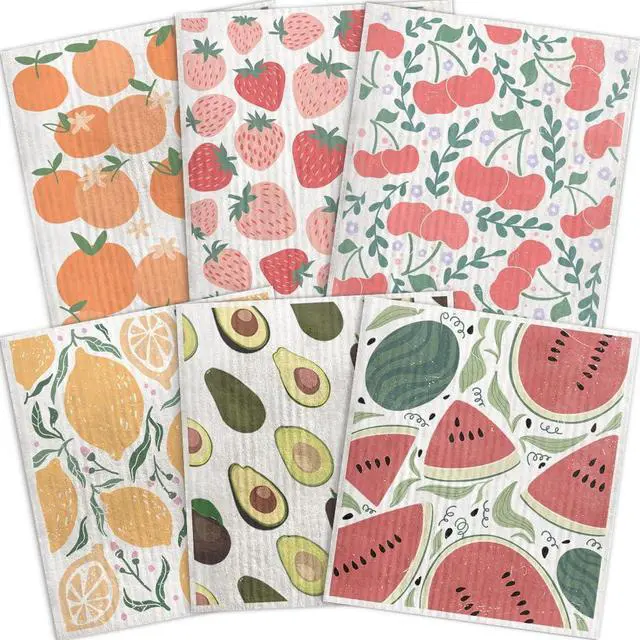 Main image of Swedish Dishcloths for Kitchen 6 Pack Cellulose Reusable Cleaning Paper Towels Soft, Quick-Drying, Washable Dish Rags for Kitchen, Counters & More (Fruit)