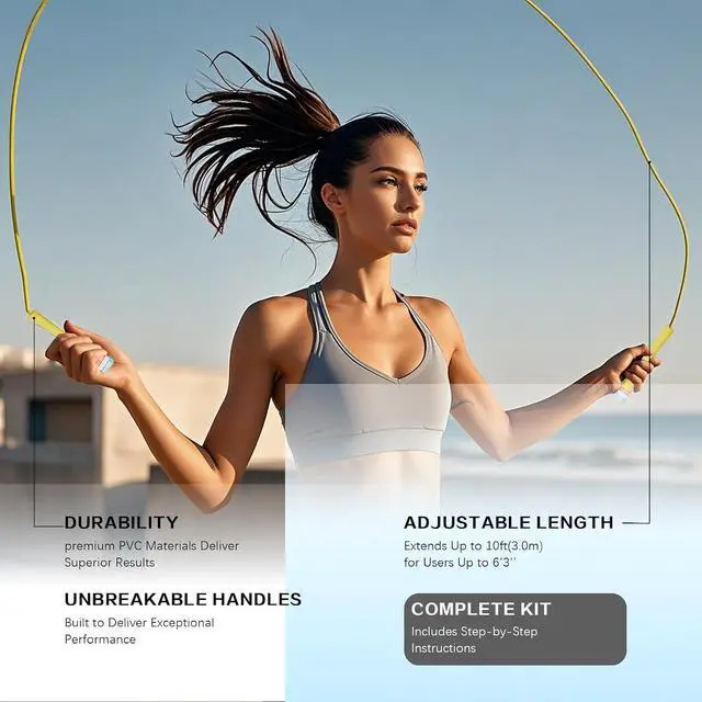 Alt view image 5 of 7 - 10,000-Drop Unbreakable Jump Rope, 5mm PVC Adjustable Speed Rope with Ergonomic PP Handles for Boxing, HIIT & Home Gym