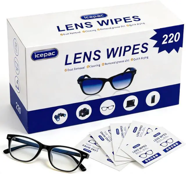 Main image of Lens Cleaning Wipes, 220 Count Individually Wrapped Pre-Moistened, Quick-Drying for Eyeglasses, Sunglasses, Camera Lenses | Portable for Travel & Office