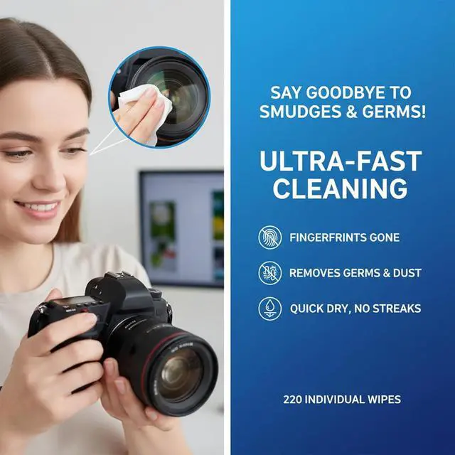 Alt view image 4 of 7 - Lens Cleaning Wipes, 220 Count Individually Wrapped Pre-Moistened, Quick-Drying for Eyeglasses, Sunglasses, Camera Lenses | Portable for Travel & Office