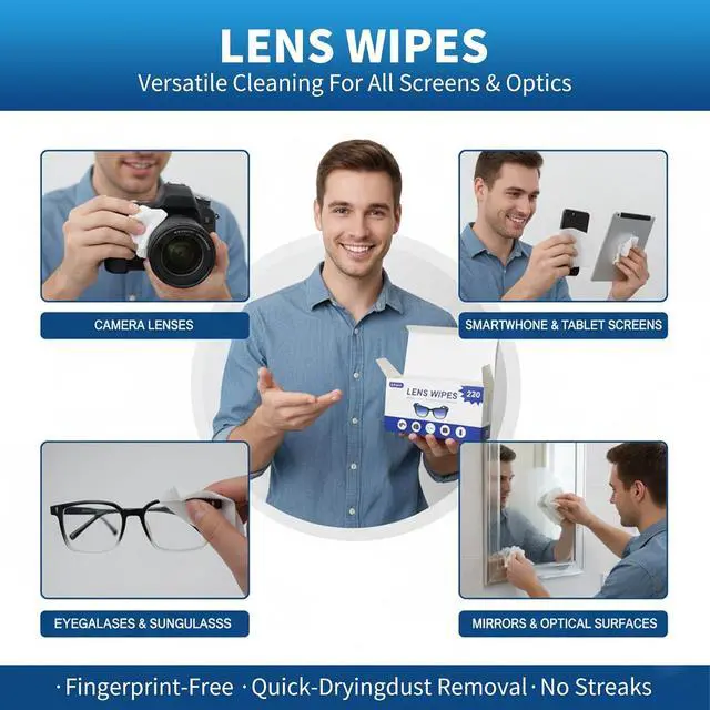 Alt view image 6 of 7 - Lens Cleaning Wipes, 220 Count Individually Wrapped Pre-Moistened, Quick-Drying for Eyeglasses, Sunglasses, Camera Lenses | Portable for Travel & Office