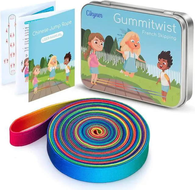 Main image of Cikyner Chinese Jump Rope, 4m Elastic French Skipping with Instructions | 1.5cm Wide Elastic Chinese Ropes Rainbow Band for Indoor and Outdoor Games, Ideal for Gifts for Children on Easter, Birthday