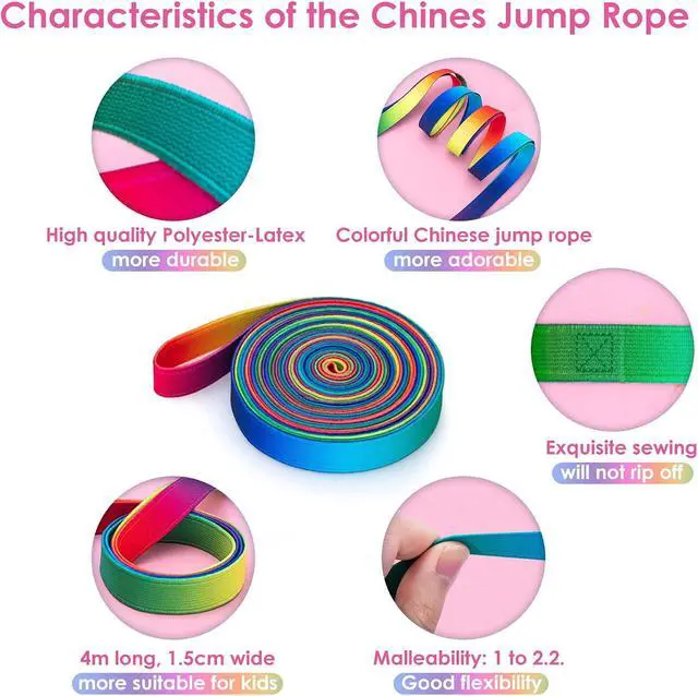 Alt view image 2 of 7 - Cikyner Chinese Jump Rope, 4m Elastic French Skipping with Instructions | 1.5cm Wide Elastic Chinese Ropes Rainbow Band for Indoor and Outdoor Games, Ideal for Gifts for Children on Easter, Birthday