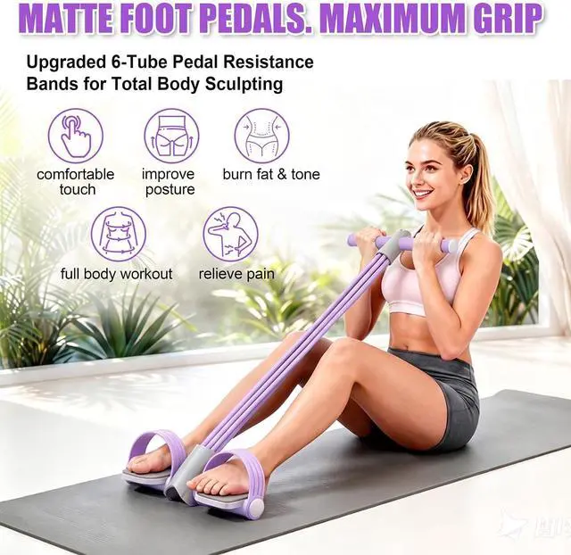 Alt view image 2 of 7 - Upgraded Foot Pedal Resistance Band with Handle, 6-Tube Elastic Resistance Bands for Home Workout, Multifunction Exercise Equipment for Abdomen, Core/ABS, Waist, Arm, Leg