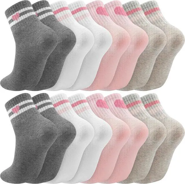 Main image of Jspupifip Girls Crew Athletic Socks | Cute Socks with Retro Stripes Hearts Cartoon Patterns for Running Sport Outdoor