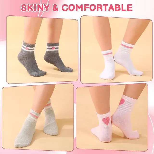 Alt view image 7 of 7 - Jspupifip Girls Crew Athletic Socks | Cute Socks with Retro Stripes Hearts Cartoon Patterns for Running Sport Outdoor