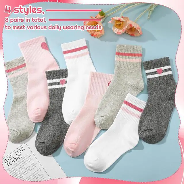 Alt view image 6 of 7 - Jspupifip Girls Crew Athletic Socks | Cute Socks with Retro Stripes Hearts Cartoon Patterns for Running Sport Outdoor
