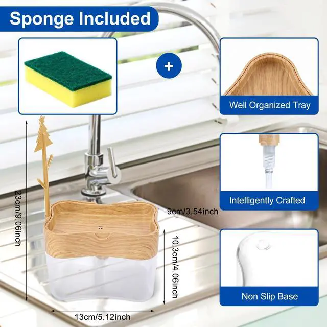 Alt view image 2 of 7 - Innovative Bambo Style Dish Soap Dispenser for Kitchen Sink with Sponge Holder, 13 oz Refillable Kitchen Soap Dispenser, Countertop Soap Pump for Dishwashing Liquid, Kitchen Sink Organizer