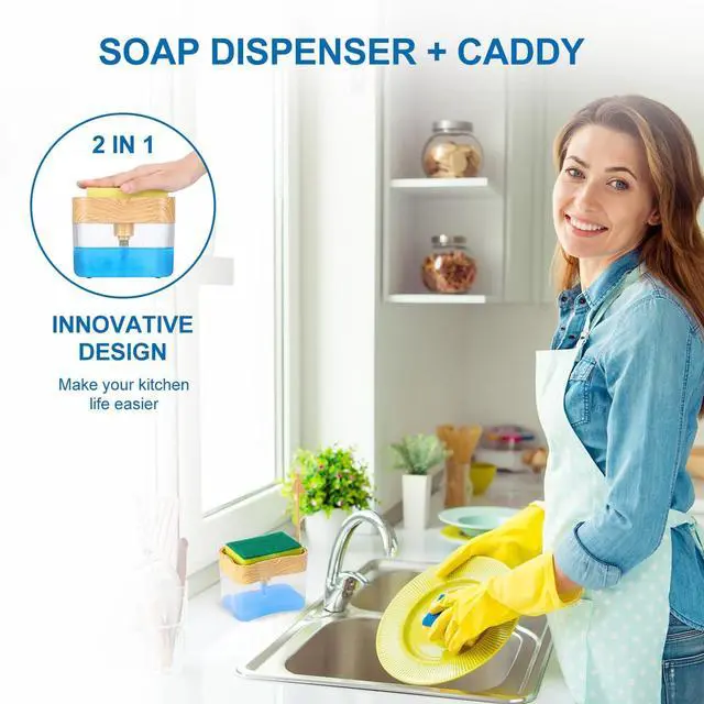 Alt view image 4 of 7 - Innovative Bambo Style Dish Soap Dispenser for Kitchen Sink with Sponge Holder, 13 oz Refillable Kitchen Soap Dispenser, Countertop Soap Pump for Dishwashing Liquid, Kitchen Sink Organizer