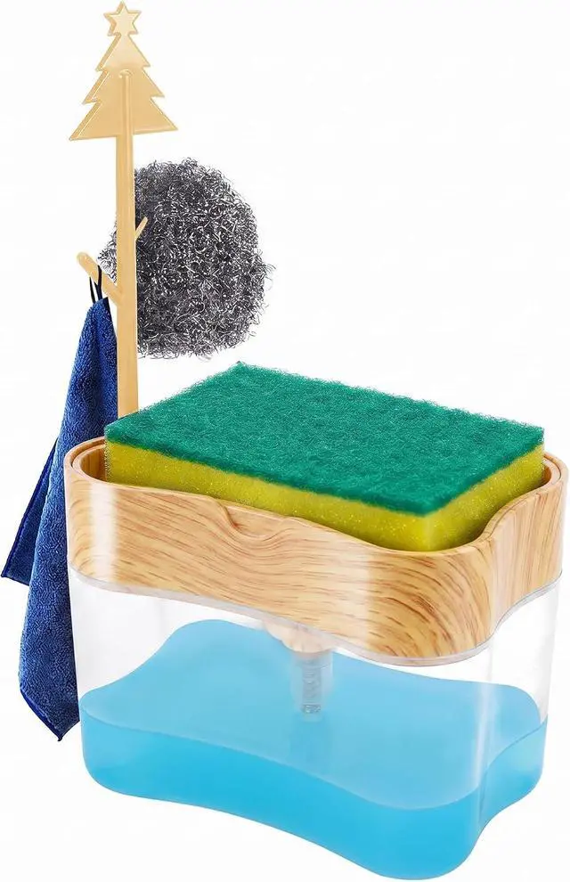 Alt view image 5 of 7 - Innovative Bambo Style Dish Soap Dispenser for Kitchen Sink with Sponge Holder, 13 oz Refillable Kitchen Soap Dispenser, Countertop Soap Pump for Dishwashing Liquid, Kitchen Sink Organizer