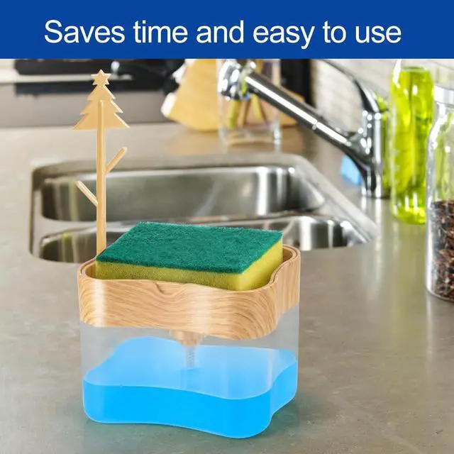 Alt view image 6 of 7 - Innovative Bambo Style Dish Soap Dispenser for Kitchen Sink with Sponge Holder, 13 oz Refillable Kitchen Soap Dispenser, Countertop Soap Pump for Dishwashing Liquid, Kitchen Sink Organizer