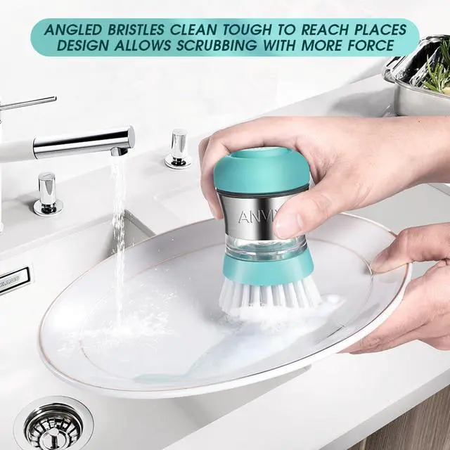 Alt view image 2 of 7 - Soap Dispensing Palm Brush, Dish Scrubber with Built-in Soap Dispenser, Stainless Steel Body, Replaceable Brush Head, Non-Scratch Nylon Bristles for Dishes, Nonstick Cookware - Tiffany Blue
