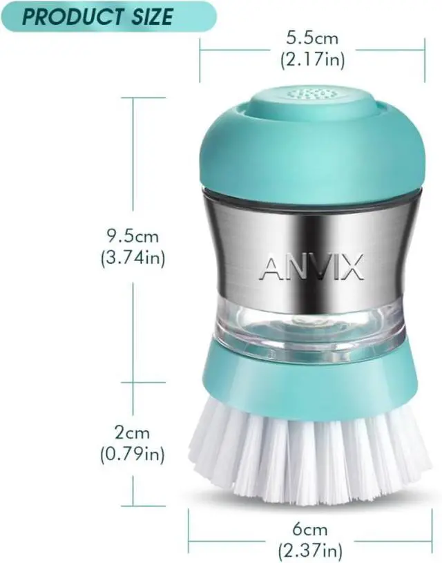 Alt view image 3 of 7 - Soap Dispensing Palm Brush, Dish Scrubber with Built-in Soap Dispenser, Stainless Steel Body, Replaceable Brush Head, Non-Scratch Nylon Bristles for Dishes, Nonstick Cookware - Tiffany Blue