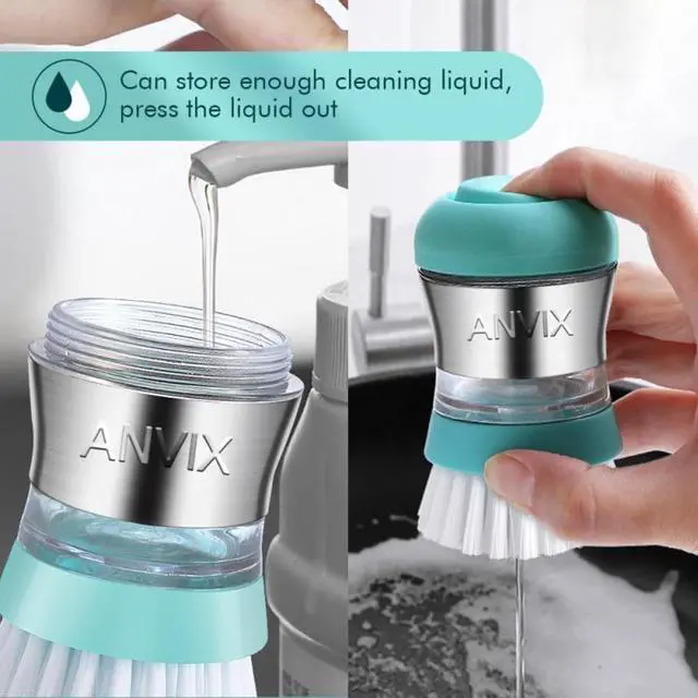 Alt view image 4 of 7 - Soap Dispensing Palm Brush, Dish Scrubber with Built-in Soap Dispenser, Stainless Steel Body, Replaceable Brush Head, Non-Scratch Nylon Bristles for Dishes, Nonstick Cookware - Tiffany Blue