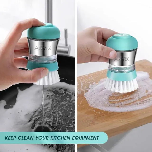 Alt view image 6 of 7 - Soap Dispensing Palm Brush, Dish Scrubber with Built-in Soap Dispenser, Stainless Steel Body, Replaceable Brush Head, Non-Scratch Nylon Bristles for Dishes, Nonstick Cookware - Tiffany Blue