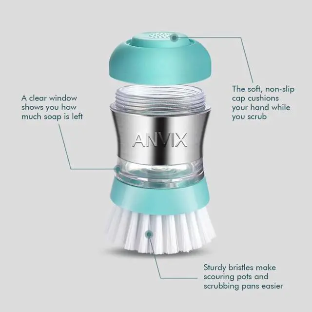 Alt view image 5 of 7 - Soap Dispensing Palm Brush, Dish Scrubber with Built-in Soap Dispenser, Stainless Steel Body, Replaceable Brush Head, Non-Scratch Nylon Bristles for Dishes, Nonstick Cookware - Tiffany Blue