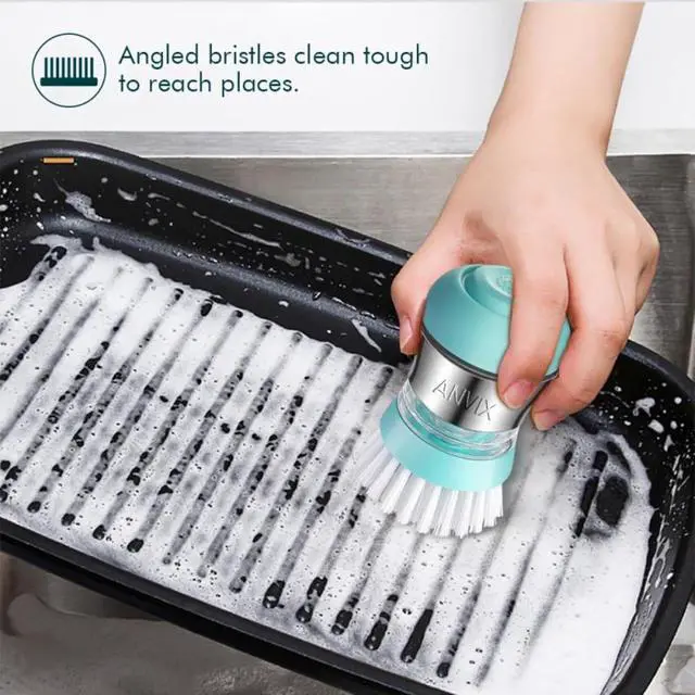 Alt view image 7 of 7 - Soap Dispensing Palm Brush, Dish Scrubber with Built-in Soap Dispenser, Stainless Steel Body, Replaceable Brush Head, Non-Scratch Nylon Bristles for Dishes, Nonstick Cookware - Tiffany Blue