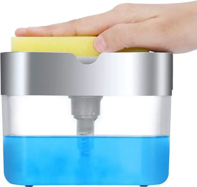 Main image of Premium Quality Soap Dispenser with Added Features for Kitchen - Sponge Holder Sink Dish Washing Soap Dispenser 13 Ounces Silver