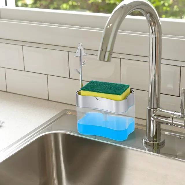 Alt view image 7 of 7 - Premium Quality Soap Dispenser with Added Features for Kitchen - Sponge Holder Sink Dish Washing Soap Dispenser 13 Ounces Silver