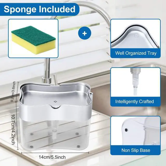Alt view image 6 of 7 - Premium Quality Soap Dispenser with Added Features for Kitchen - Sponge Holder Sink Dish Washing Soap Dispenser 13 Ounces Silver