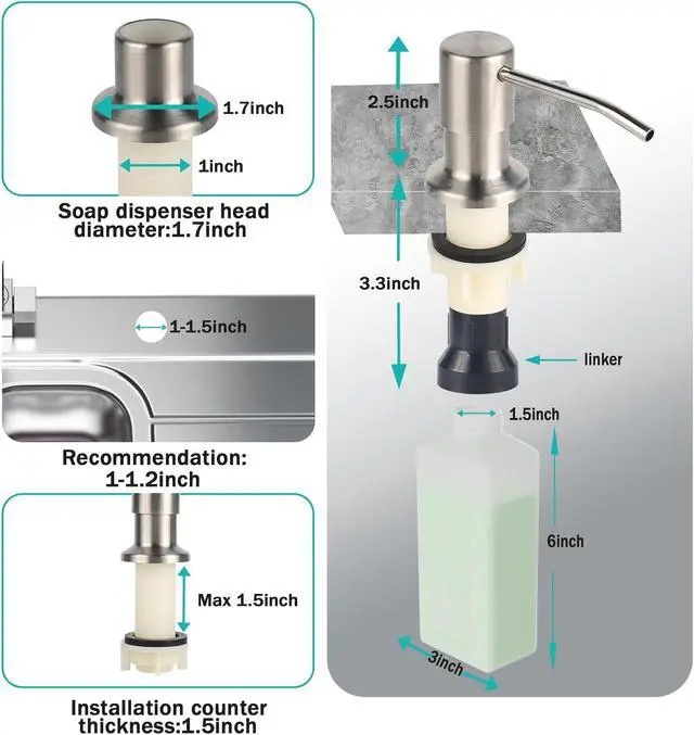 Alt view image 2 of 6 - Built in Soap Dispenser for Kitchen Sink, Brushed Nickel Stainless Steel Countertop Pump Head (Plastic Built-in), Dish Soap Hand Lotion Dispenser with Refillable 17OZ Bottle (Brushed Nickel)