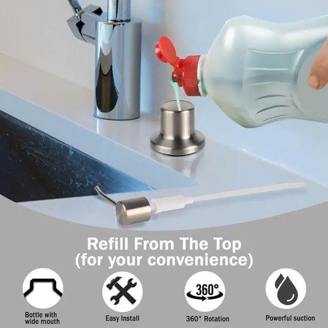 Alt view image 3 of 6 - Built in Soap Dispenser for Kitchen Sink, Brushed Nickel Stainless Steel Countertop Pump Head (Plastic Built-in), Dish Soap Hand Lotion Dispenser with Refillable 17OZ Bottle (Brushed Nickel)