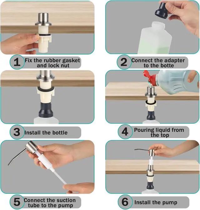 Alt view image 4 of 6 - Built in Soap Dispenser for Kitchen Sink, Brushed Nickel Stainless Steel Countertop Pump Head (Plastic Built-in), Dish Soap Hand Lotion Dispenser with Refillable 17OZ Bottle (Brushed Nickel)
