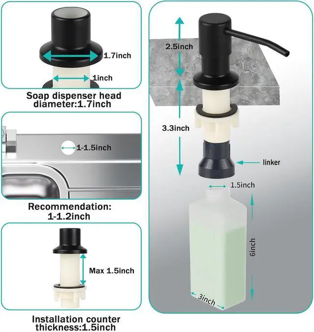 Alt view image 2 of 6 - Built in Soap Dispenser for Kitchen Sink, Matte Black Stainless Steel Countertop Pump Head (Plastic Built-in), Dish Soap Hand Lotion Dispenser with Refillable 17OZ Bottle (Matte Black)