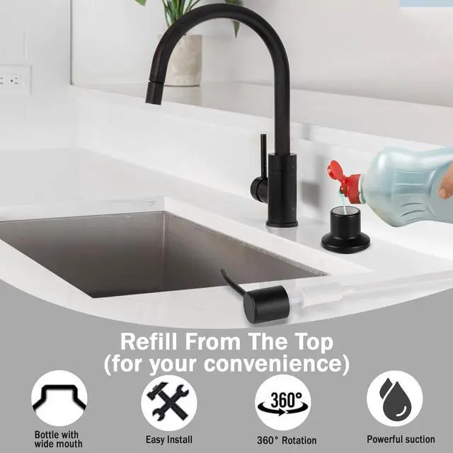 Alt view image 3 of 6 - Built in Soap Dispenser for Kitchen Sink, Matte Black Stainless Steel Countertop Pump Head (Plastic Built-in), Dish Soap Hand Lotion Dispenser with Refillable 17OZ Bottle (Matte Black)