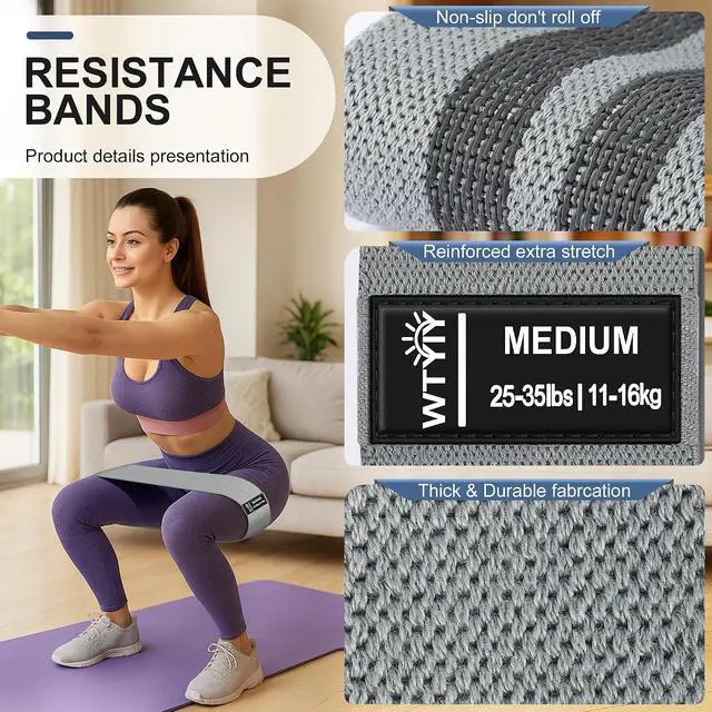 Alt view image 6 of 7 - Fabric Resistance Bands for Working Out, 3-Level Non-Slip Exercise Bands for Men and Women, Booty Bands Equipment for Home Workout, Pilates, Yoga, Fitness.