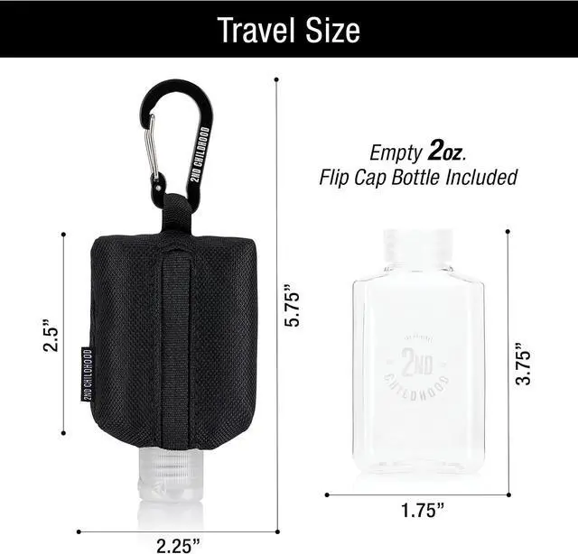 Alt view image 2 of 6 - 2nd Childhood Mini Travel Hand Sanitizer Keychain Holder Case, Clip-On | Refillable 2 oz hand sanitizer bottle with a small, portable carabiner pouch for purse, backpack, lanyard, or diaper bag