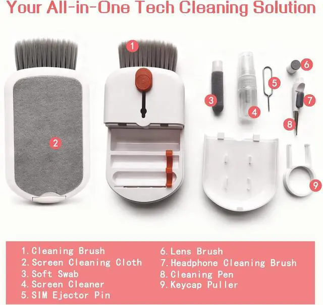 Alt view image 2 of 7 - 9-in-1 Keyboard Cleaning Kit for Laptop, Phone, Screen | Includes soft brush, and port tool. Cleans screens, earbuds, and charging cases. Safe for MacBook & AirPods.