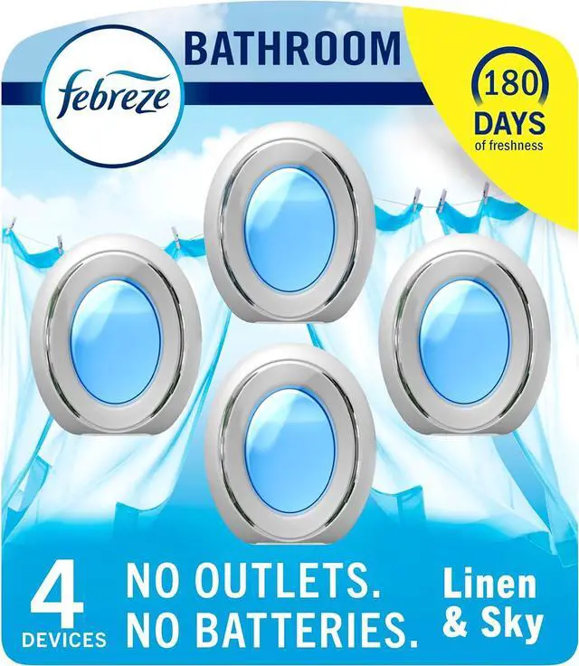 Main image of Febreze Bathroom Air Freshener Odor-Fighting for Small Spaces Scented Plug In Alternative Long-Lasting for Home and Bathroom and Kitchen Closet Air Fresheners, Linen & Sky Scent, 4 Count