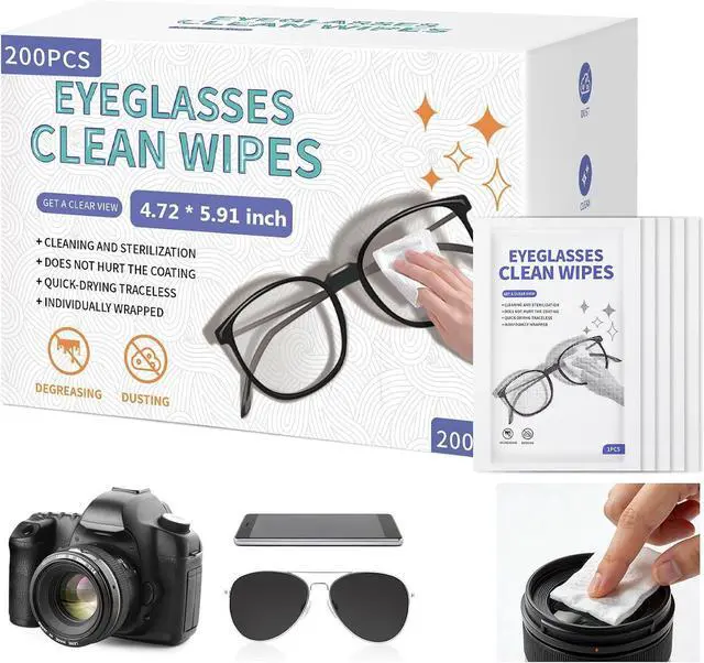 Main image of 200 Pk Individually Pre-Moistened Eyeglass Cleaning Wipes 4.72"×5.91" | Individually Wrapped Lens Cleaner for Glasses, Camera, Phone, Computer & Laptop Screens, Streak-Free Safe Formula