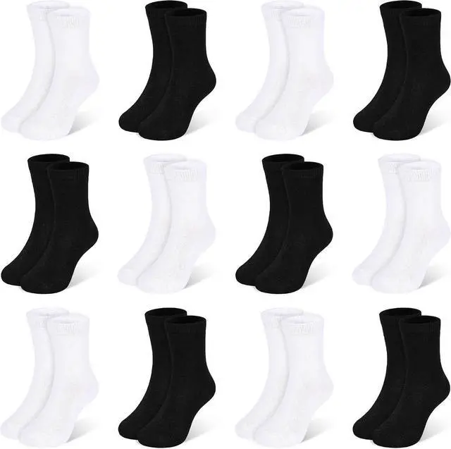 Main image of Kids Socks 12 Pairs Crew Socks for Toddler Boys Girls 1-14 Years | School Athletic Mid Cut Socks, Breathable, Lightweight, Multipack Black White, Indoor & Outdoor