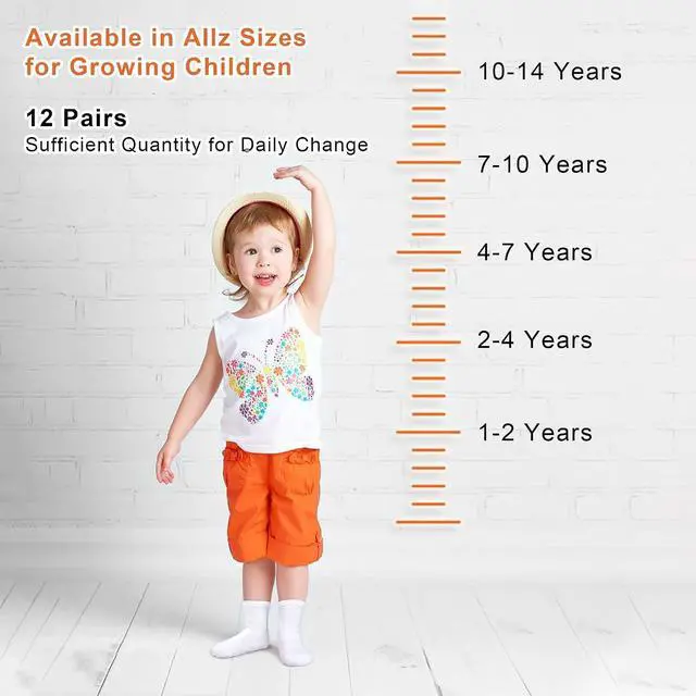 Alt view image 7 of 7 - Kids Socks 12 Pairs Crew Socks for Toddler Boys Girls 1-14 Years | School Athletic Mid Cut Socks, Breathable, Lightweight, Multipack Black White, Indoor & Outdoor