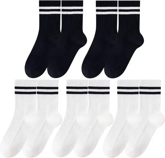 Main image of 5 Pairs Solid Color Two Stripe Crew Socks for women Girls | Basic Retro Cute School Sneaker Striped Quarter Socks for Daily Wear