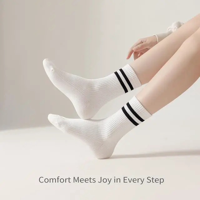 Alt view image 2 of 6 - 5 Pairs Solid Color Two Stripe Crew Socks for women Girls | Basic Retro Cute School Sneaker Striped Quarter Socks for Daily Wear