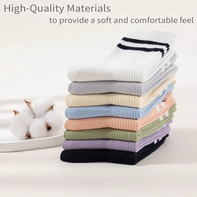 Alt view image 6 of 6 - 5 Pairs Solid Color Two Stripe Crew Socks for women Girls | Basic Retro Cute School Sneaker Striped Quarter Socks for Daily Wear