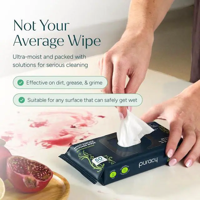 Alt view image 4 of 7 - Puracy All Purpose Cleaning Wipes Non Toxic Multi-Surface Cleaner & Appliance Wipes for Car, Bathroom, Kitchen Lemongrass Scent (50 Count, 1 Pack)