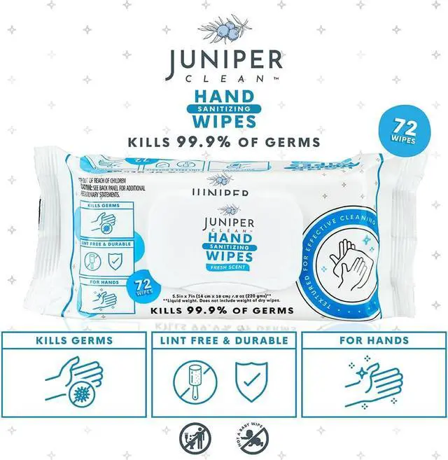 Alt view image 3 of 7 - Juniper CLEAN, 1 Pack Hand Sanitizing Wipes, 72 Count Disposable Hand Sanitizer Wipes, Fresh Scent, Lint Free & Durable