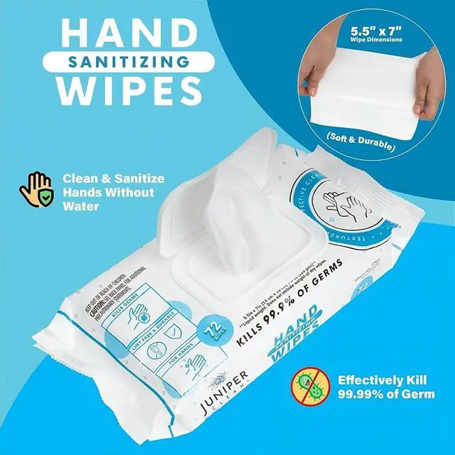 Alt view image 4 of 7 - Juniper CLEAN, 1 Pack Hand Sanitizing Wipes, 72 Count Disposable Hand Sanitizer Wipes, Fresh Scent, Lint Free & Durable