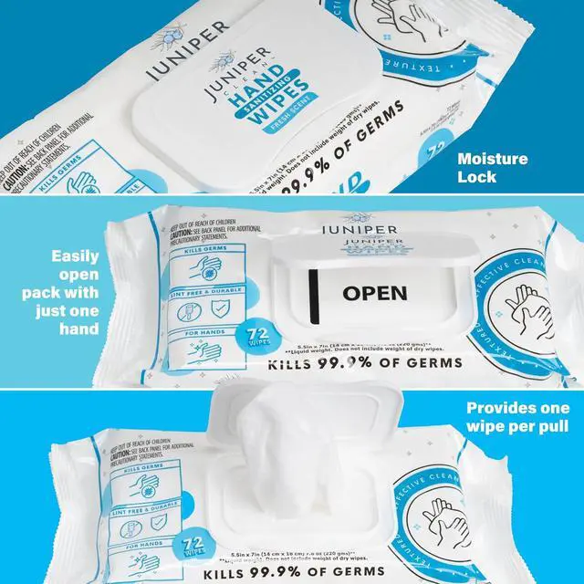 Alt view image 2 of 7 - Juniper CLEAN, 1 Pack Hand Sanitizing Wipes, 72 Count Disposable Hand Sanitizer Wipes, Fresh Scent, Lint Free & Durable