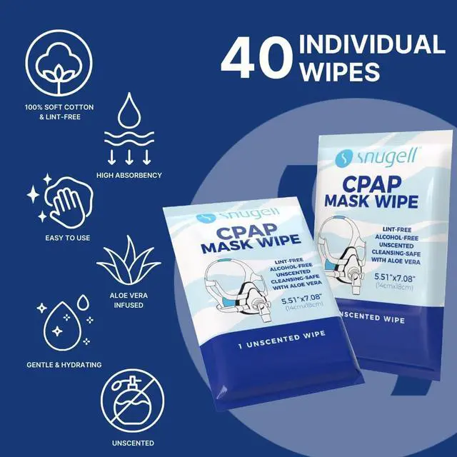 Alt view image 2 of 5 - Snugell Unscented Individual CPAP Mask Wipes Travel-Friendly 40-Pack Lint & Alcohol-Free,Skin-Safe with Aloe Vera Perfect for Convenient, Hassle-Free Cleaner & Sanitizer of CPAP Masks & Equipment